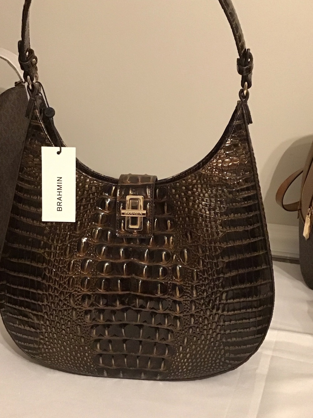 Brahmin Dark Brown Croc-Embossed Shoulder Bag with Gold Hardware